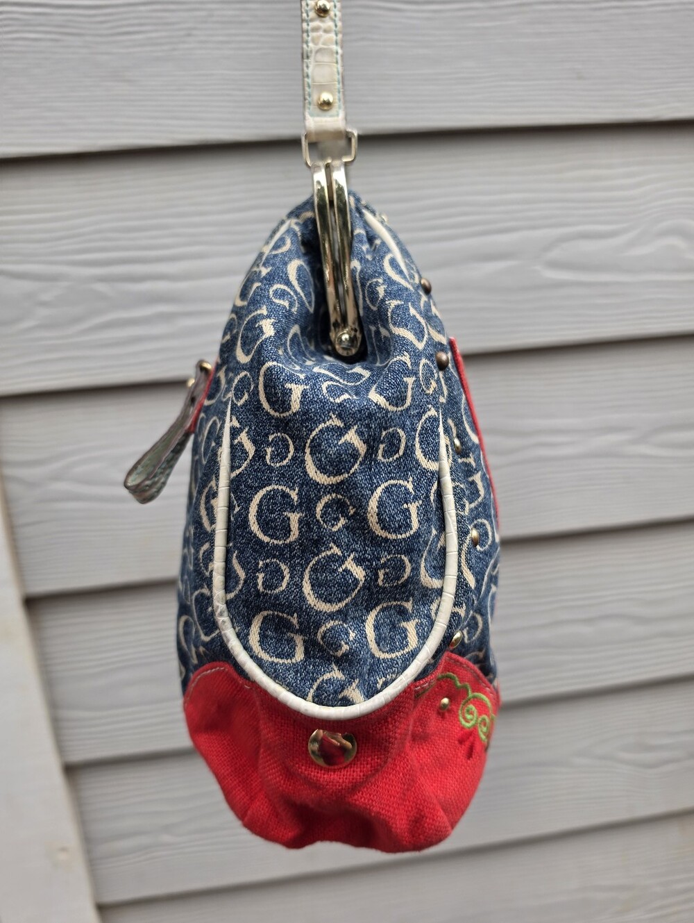 Vtg Y2K Guess Denim Embroidered Hand Bag Boho Chic Festival McBling Cottagecore - Picture 5 of 9
